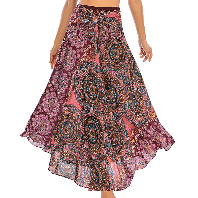 Boho Skirts Women Rayon Beach Long Dress Summer Bohemian Jupe Longue Femme Elastic Waist Print Floral Bandage Halter Hippie - Matrix Studios