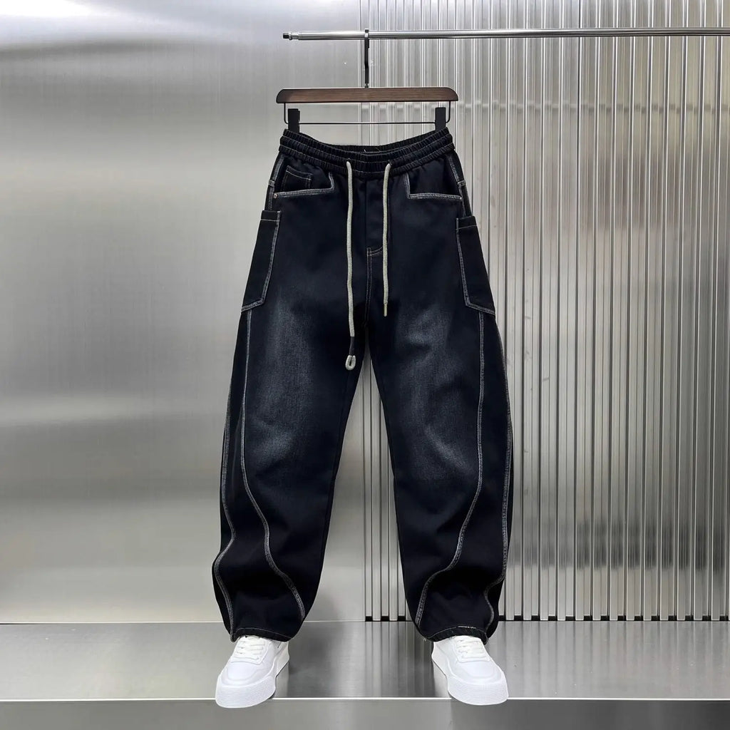 Spring Autumn 2025 New Splicing Cutting Elastic Waist Large Size Boys Washed Loose Wide Leg Big Pocket Scimitar Drawstring Jeans - Matrix Studios
