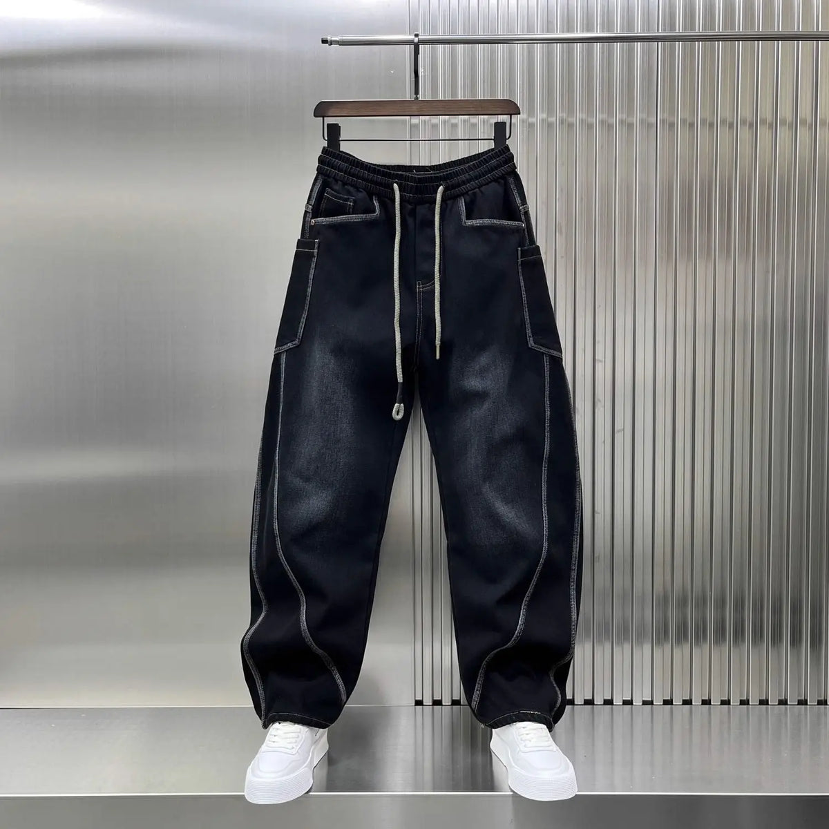 Spring Autumn 2025 New Splicing Cutting Elastic Waist Large Size Boys Washed Loose Wide Leg Big Pocket Scimitar Drawstring Jeans - Matrix Studios