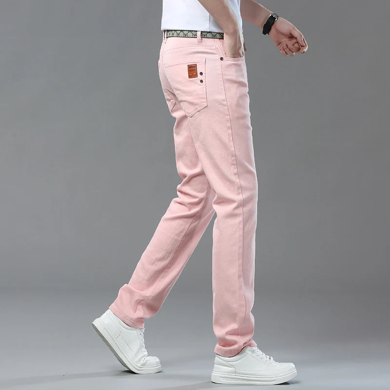 2025 Autumn Men's Elastic Colorful Jeans Breathable Casual  Straight Fitted Solid Color Denim Pants Korean Fashion Trousers - Matrix Studios