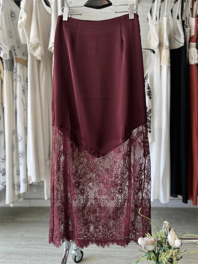 Trendix Women Patchwork Lace Skirts 2025 New High Waist Slim Hollow Out Maxi Skirts Autumn Brown Fashion Party Club Boho Skirt - Matrix-studios.com