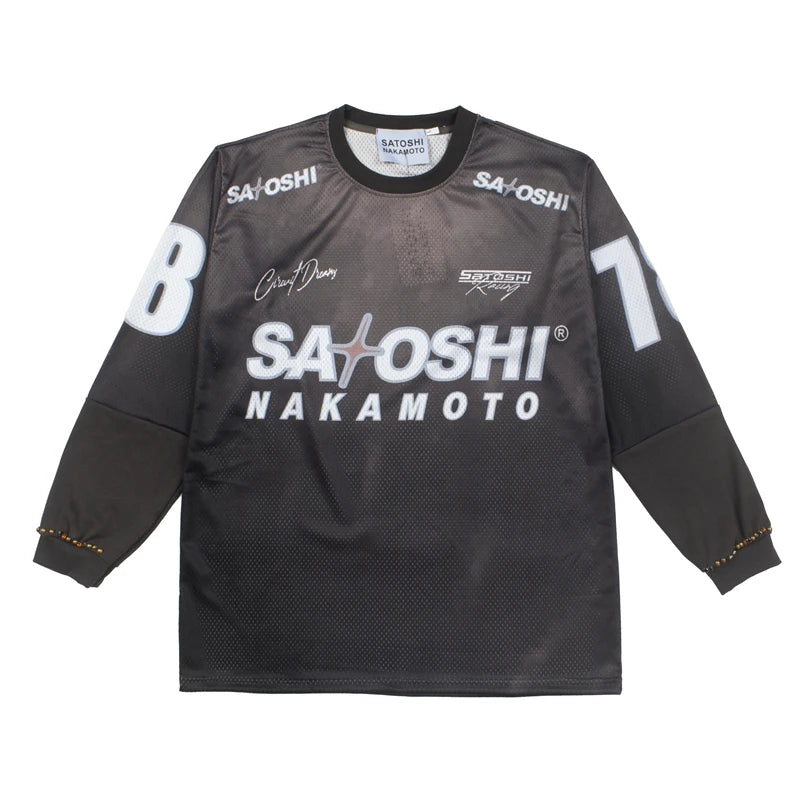 Mesh Patchwork Men Women 2XL No.18 Jersey Black SATOSHI Long Sleeve Nail Bead Racing Print Tshirts Loose Street Sports Pullover - Matrix-studios.com