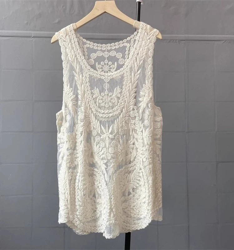 Boho Beach Cover-up Sexy Sleeveless Blouse Shirt Women Lace Top Summer Mini Vestidos Floral Embroidery T-Shirts Tank Tee Shirts - Matrix Studios