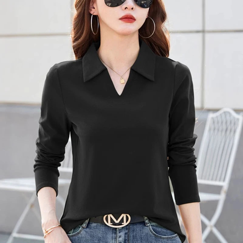 New Women Spring Summer Long Sleeve Cotton T-shirt Fashion Turn-down Collar Loose Polo Tees Simplicity Casual Basic T-shirt - Matrix-studios.com