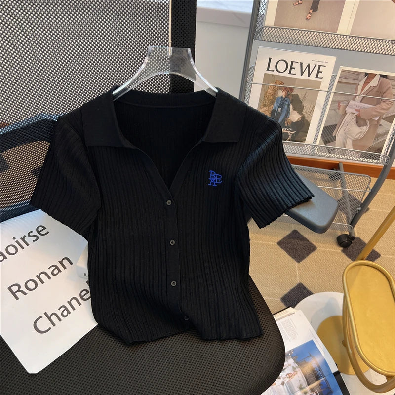 Summer Yellow Knitted Polo Shirt Women's 2024 New French V-Neck Letters High Waist Slim-Fit Ice Silk Top Short-Sleeved T-Shirt - Matrix-studios.com