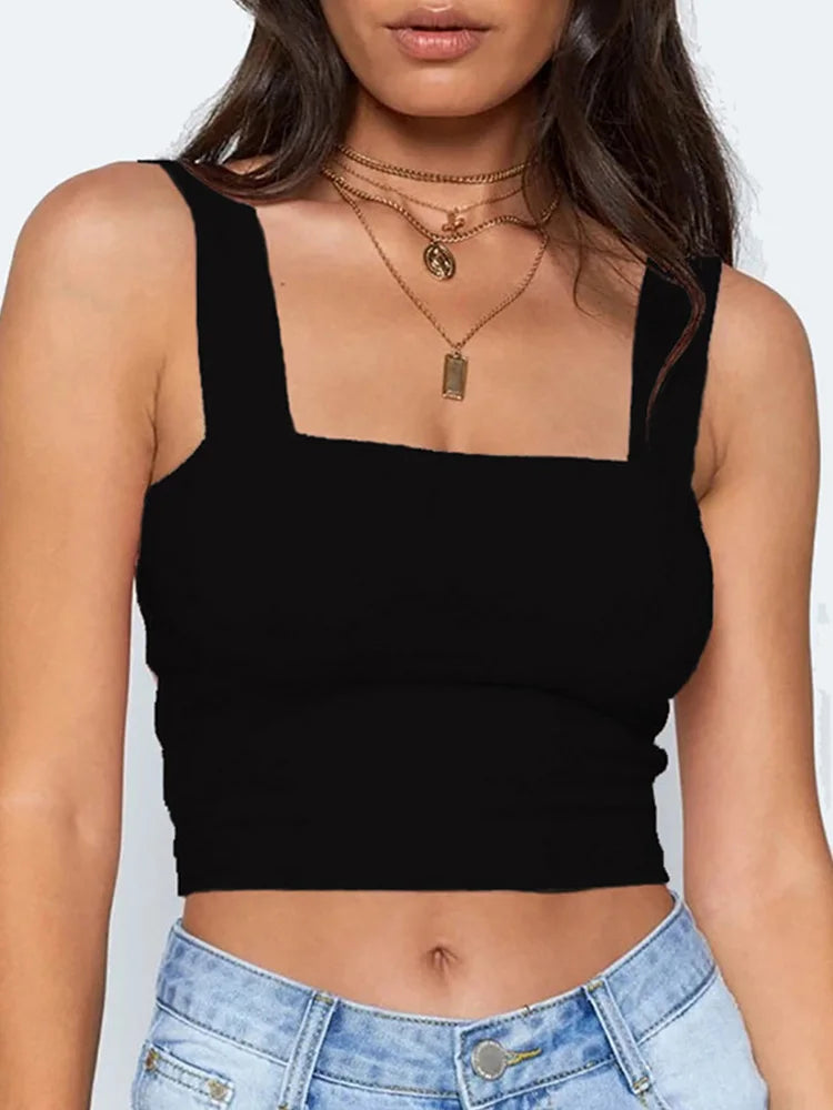 Square Neck Sleeveless Summer Crop Top White Women Black Casual Basic T Shirt Off Shoulder Cami Sexy Backless Tank Top - Matrix-studios.com