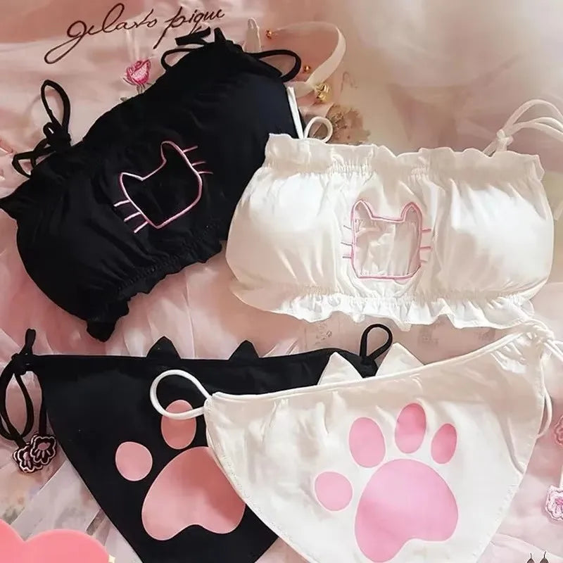 Japanese Anime Cat Cosplay Uniform Bra Panties Set Women Intimates Kawaii Lolita Hollow Out Sexy Lingerie Underwear Set - Matrix-studios.com