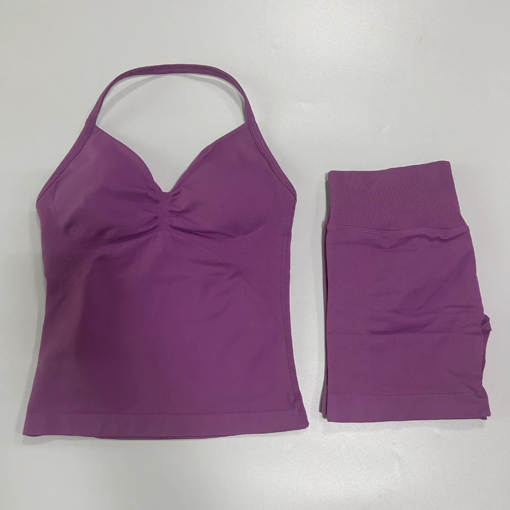 No Logo 2Pcs Gym Set Women Backless Tank Tops High Waist Scrunch Seamless Shorts Gym Suit Fitness Clothes Activewear Workout Set - Matrix-studios.com