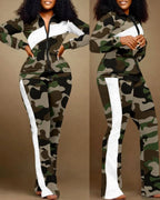 Two Piece Set Women Outfit 2023 Autumn Fashion Geometric Print Stand Collar Long Sleeve Zip Up Top & Casual Sporty Pants Set - Matrix-studios.com