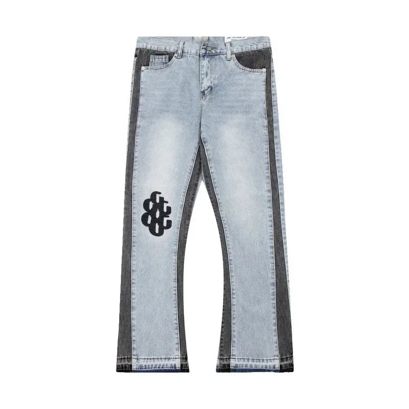 American retro washed letter spliced denim trousers high street trendy brand couple loose straight micro-flared long trousers - Matrix Studios