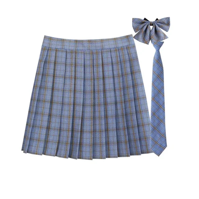 Women Summer Plaid Pleated Skirt With Necktie Bowtie Korean Jk Skirt Uniform Japanese School Preppy A Line Mini Skirts - Matrix-studios.com