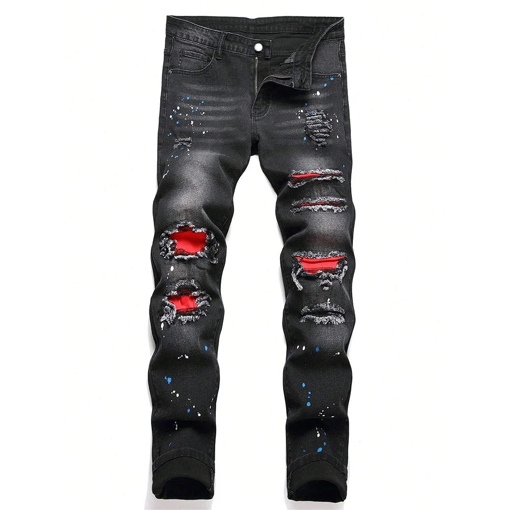 Men's Y2K Fashion Ripped Patchwork Hole Straight Black Jeans Slim Fit Stretchy Skinny Denim Pants Casual Hip Hop Brand Trousers - Matrix Studios
