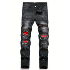 Men's Y2K Fashion Ripped Patchwork Hole Straight Black Jeans Slim Fit Stretchy Skinny Denim Pants Casual Hip Hop Brand Trousers - Matrix Studios