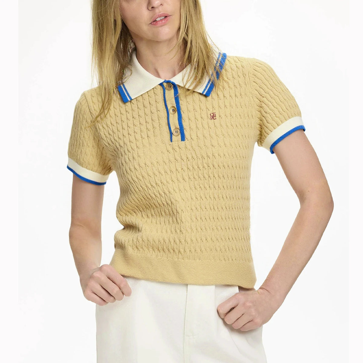 CH Solid Color Embroidered Knit Polo Shirt Women Elegant Short Sleeve Ribbed Trim Office Casual Tops - Matrix-studios.com