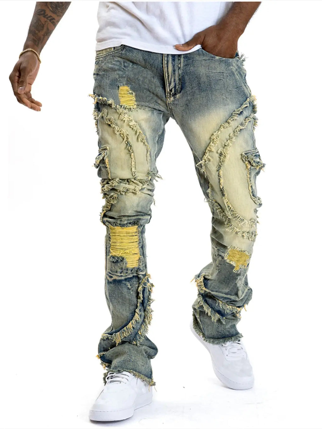 2025 New European and American men's casual jeans, street punk fashion, retro, ripped hole, slightly flared tassel elastic jeans - Matrix Studios