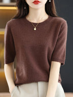 New Short-sleeved Knitwear Women O-neck T-shirt Wool Cotton Blend Pullover Vest Sprig Summer Bottoming Tops Sweater Solid Soft - Matrix Studios
