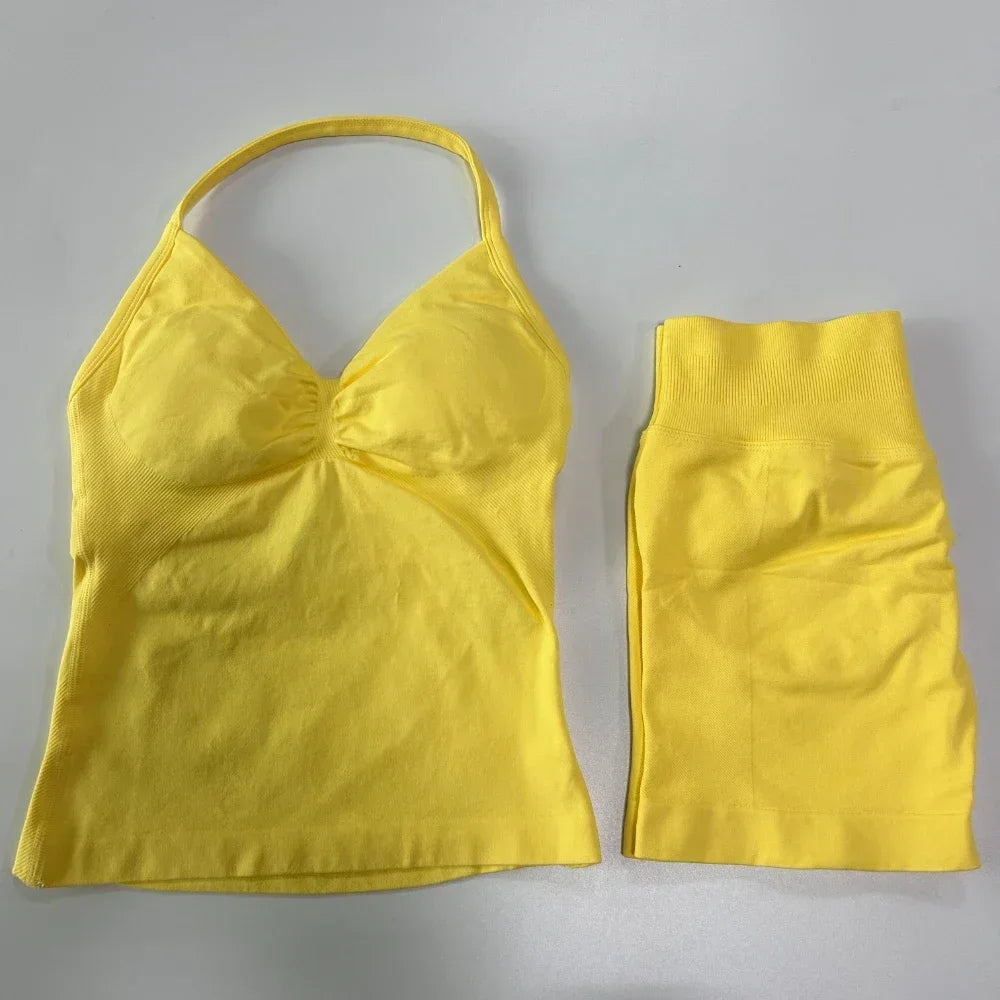 No Logo 2 Pieces Sports Set Women Backless Tank Tops High Waist Scrunch Seamless Shorts Gym Set Sportswear Workout Set Yoga - Matrix-studios.com