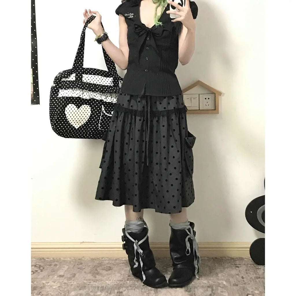 2000 Aesthetic Gray Design Polka Dot Skirt Women New American Retro Cute Skirts Female A-line Hottie Lace Korean Popular Clothes - Matrix-studios.com