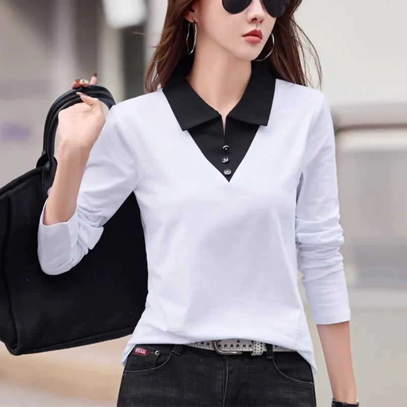 European Station Long sleeved T-shirt Women's Spring/Summer New High end Fashion Contrast Color Polo Neck Slim Fit Casual Top - Matrix-studios.com