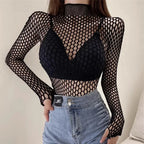 Womens Sexy Mesh Long Sleeve Fishnets Tops Fun Fashion Slim Fit Tops  Hollow Out See Through Loose Female T-shirts Crop soft Top - Matrix-studios.com