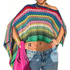 Combhasaki Women Knitwear Bikini Cover-up See-through Solid Off Shoulder Irregular Triangle Hem Loose Pullover Summer Beach Tops - Matrix Studios