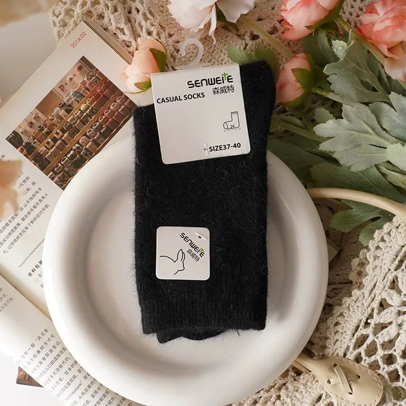 Wool Socks for Women Autumn Winter Medium Tube Socks Thickened with Wool Warm Rabbit Hair Socks Winter Black Cashmere Stockings - Matrix Studios