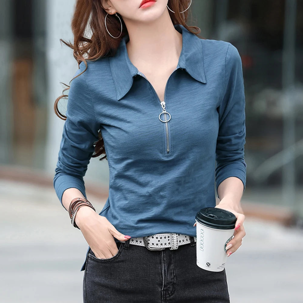 European Station Fashion Long sleeved POLO Neck Pure Cotton T-shirt Women's Spring New Slim Fit Solid Color Bottom Shirt - Matrix-studios.com