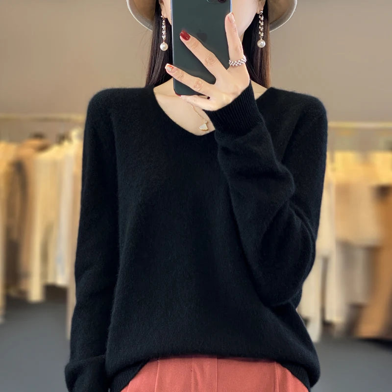 100% pure wool cashmere sweater women's V-neck pullover casual knit top autumn and winter women's coat Korean fashion - Matrix Studios