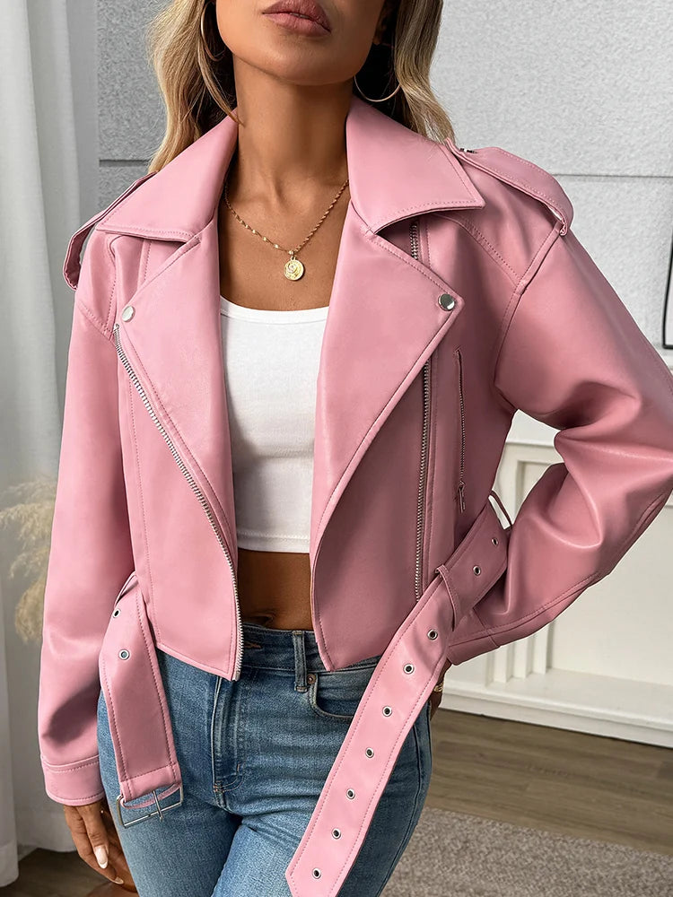 Ailegogo Spring Autumn Women Faux Pu Leather Short Jacket with Belt Motorcycle Biker Female Zipper Lapel Loose Coat Outwear - Matrix Studios