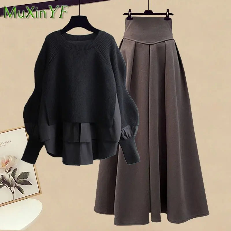 2026 Spring/Autumn New Korean Elegant Splice Fake Two Piece Knitted Sweater Dress Matching Set Women's Chic Pullover Skirt Set - Matrix-studios.com