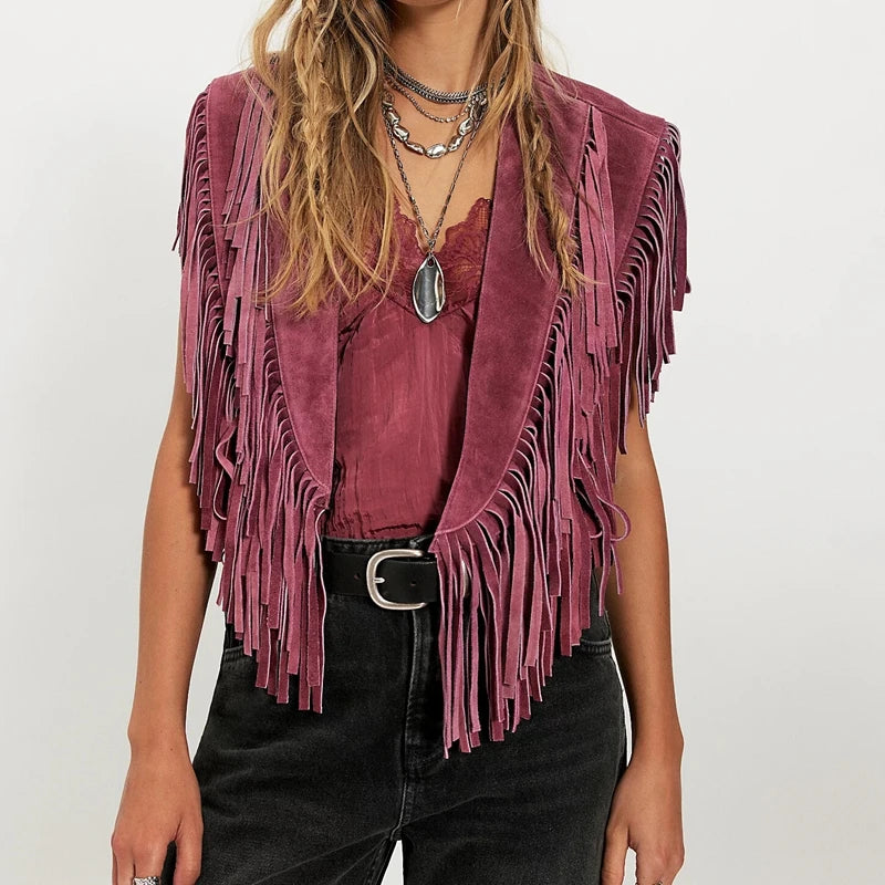 Combhasaki Women's Y2k Vintage Studded Suede Vest Coat 70s Hippie Outfits Sleeveless Open Front Tassel Patchwork Vest Collar - Matrix Studios