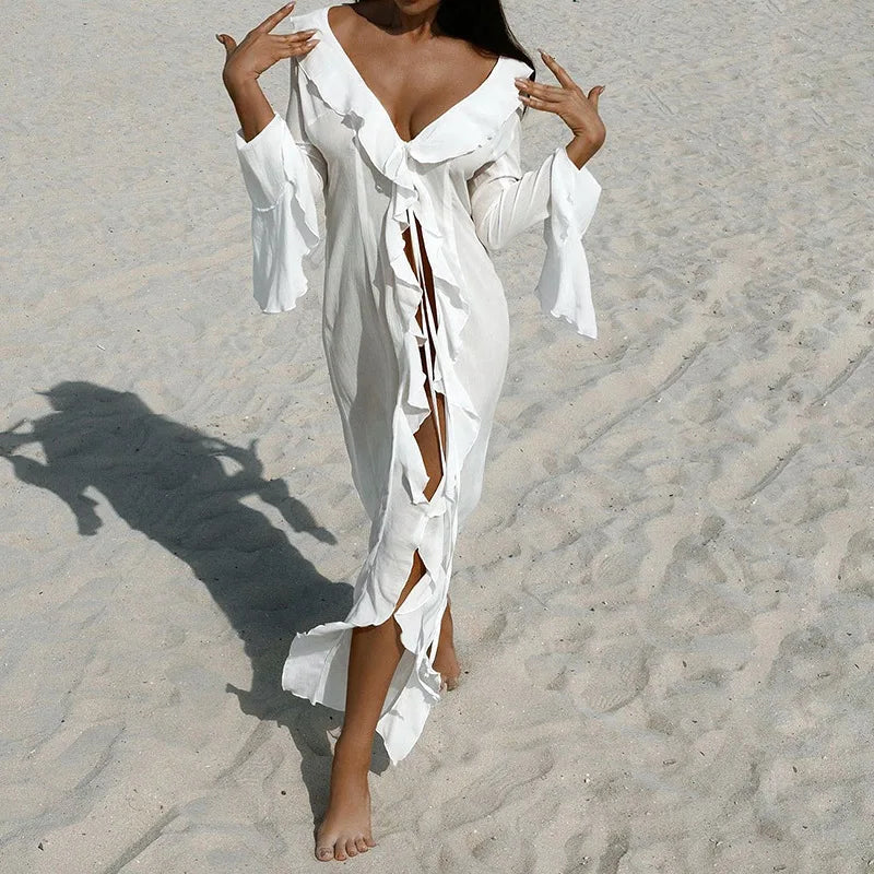 New Chiffon Tunic Beach Cover Up Cover-ups Dress Sunscreen Beachwear Womens Clothing Sexy V Neck Ruffled Long Sleeve Black White - Matrix Studios