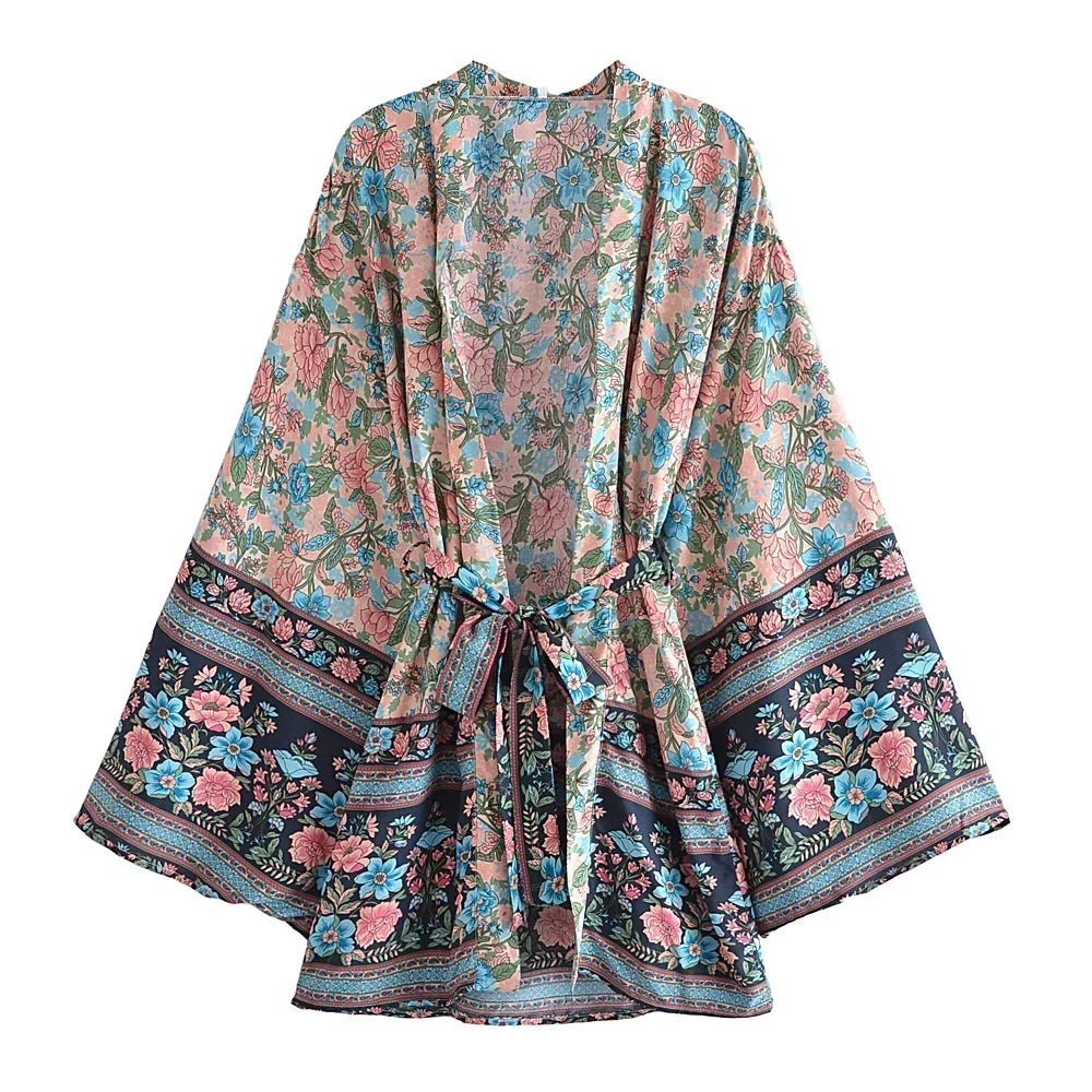 Boho Queens Multi Floral Print Sashes Kimono Women Batwing Sleeve Bohemian Bridesmaid Robe Vacation Beach Boho Bikini Cover-ups - Matrix Studios