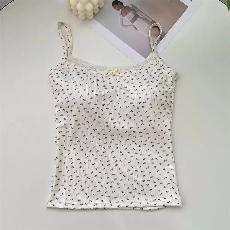 Elegant Lace Flower Print Slim Sexy Vest Floral Tops One Size Tank Spring Sweet Bowknot Style T-Shirt Casual Crop Top Summer - Matrix-studios.com