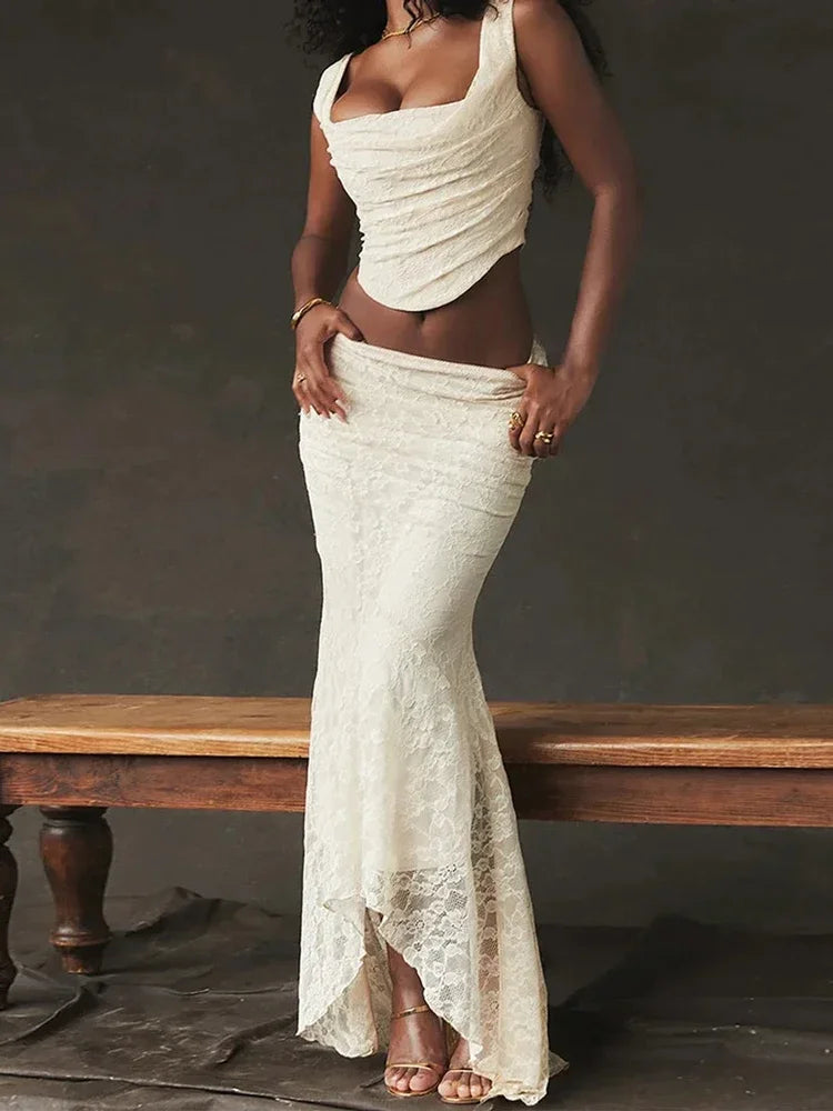 Lace Bandage 2 Piece-Set Long Skirt Female Patchwork Fashion Backless High Waist Elegant Lace-Up Maxi Skirt Sets Outfits - Matrix-studios.com