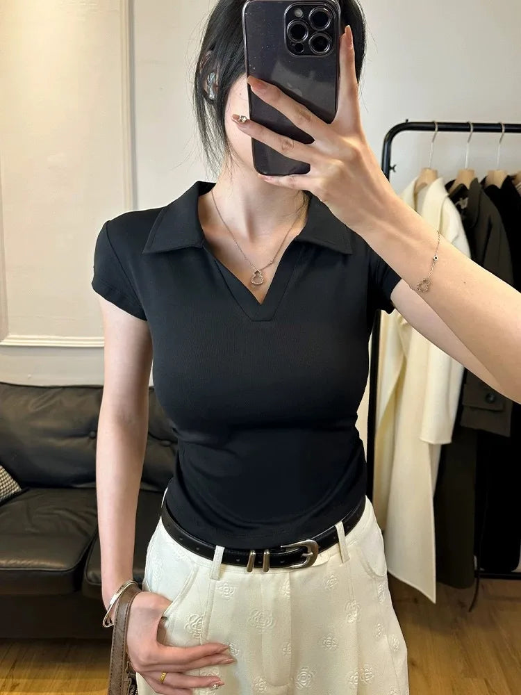 Cotton Summer Sexy Women's T Shirt Skinny Slim Basic Solid Crop Top Short Sleeve Polo TShirtCasual Top Tee for Women - Matrix-studios.com