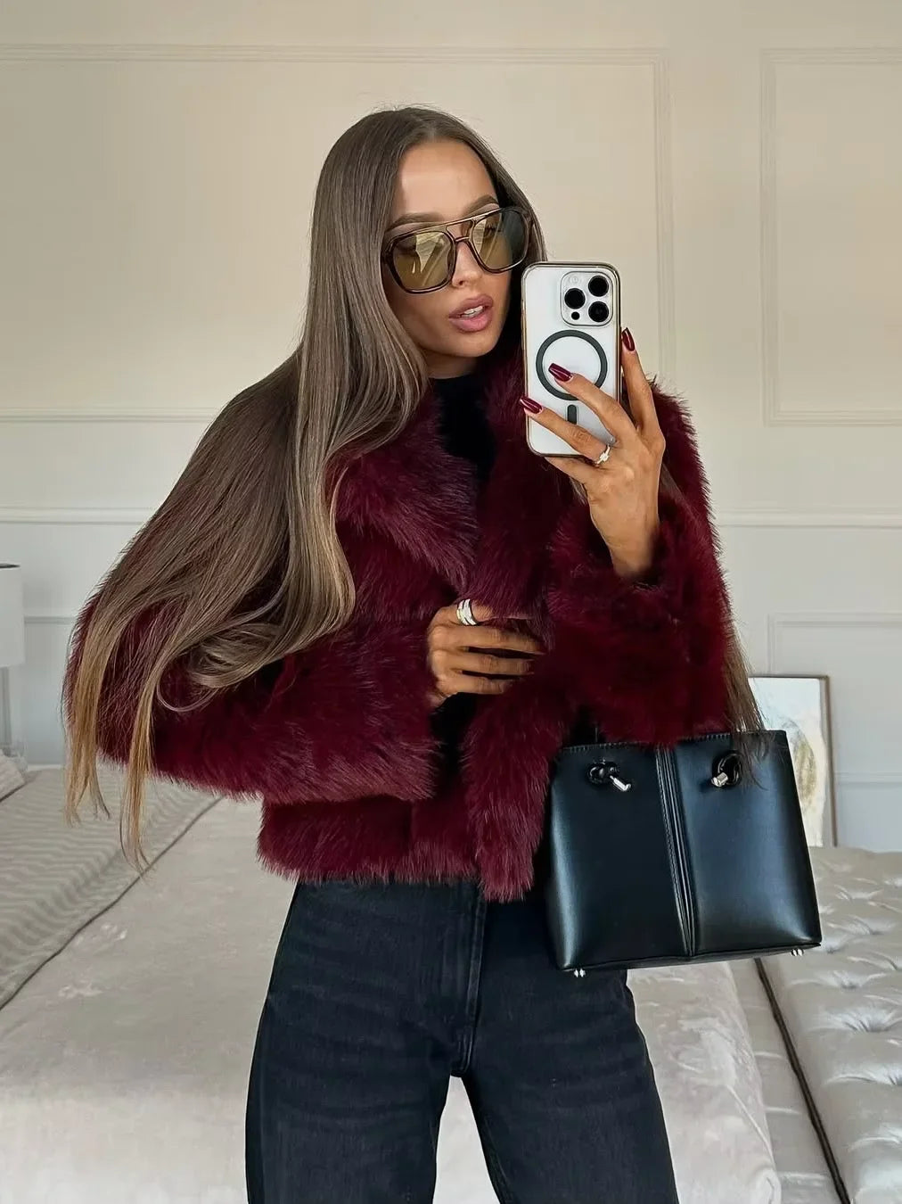 Wine Red Faux Fur Coat Women Fashion Lapel Long Sleeve Single Breasted Short Jackets 2025 Autumn Winter Lady Street Outwear - Matrix Studios
