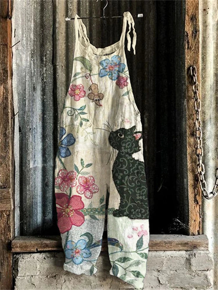 New Women Fun Cat Print Adjustable Strap Romper Autumn Wide Leg Romper Loose Casual Bib Overalls With Overalls Romper With Strap - Matrix Studios