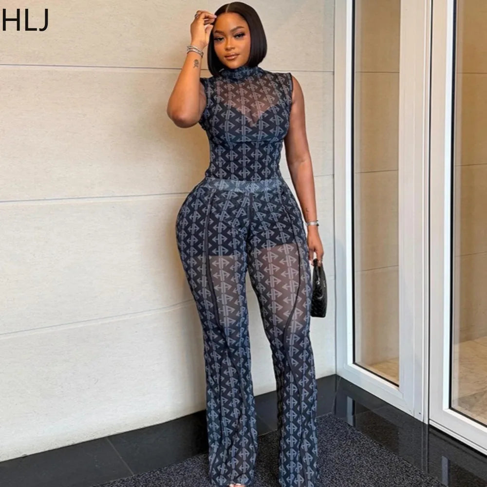 HLJ Y2K Sheer Mesh Print Two Piece Set Women Sleeveless High Neck Top + Flare Leg Pants Night Club Streetwear Matching Outfit - Matrix-studios.com