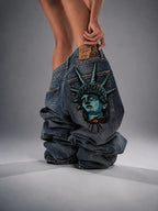 Y2k 2000s Statue of liberty Diamonds Jeans Casual Denim Pants High Waist Straight Wide Leg Jeans Harajuku Vintage Women Clothing - Matrix-studios.com