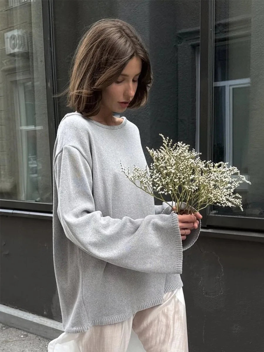 Original Backless O-neck Cotton Knit Sweater Autumn and Winter Women Simple Loose Soft Warm Elastic Daily Office Casual Sweater - Matrix Studios