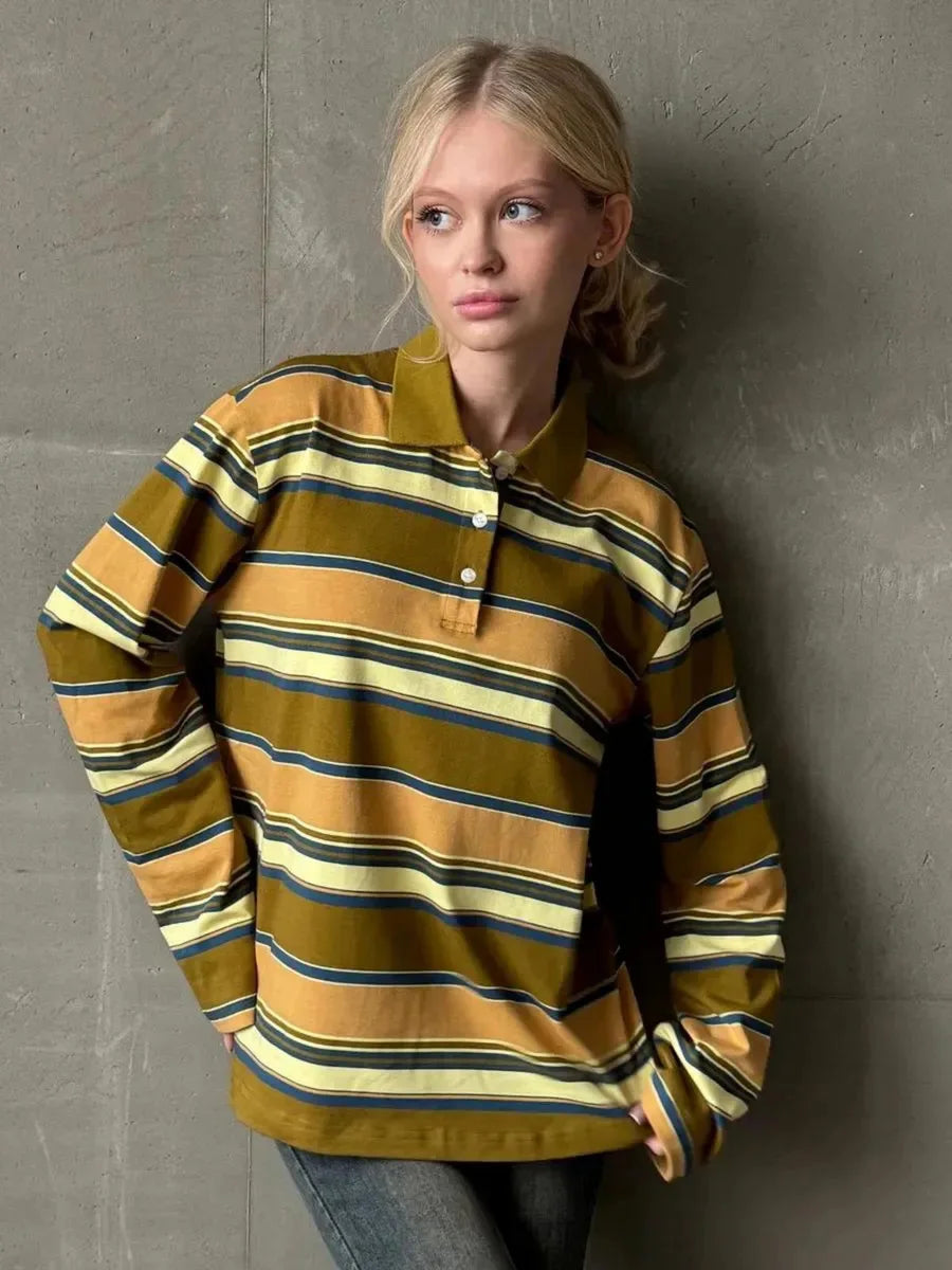 Wolfeel  Women's Vintage Inspired Retro Striped Polo Collar Oversized Drop Shoulder Long Sleeve  T-Shirt Trendy  Casual Top - Matrix-studios.com
