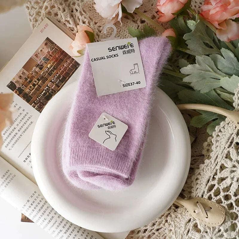 Wool Socks for Women Autumn Winter Medium Tube Socks Thickened with Wool Warm Rabbit Hair Socks Winter Black Cashmere Stockings - Matrix Studios