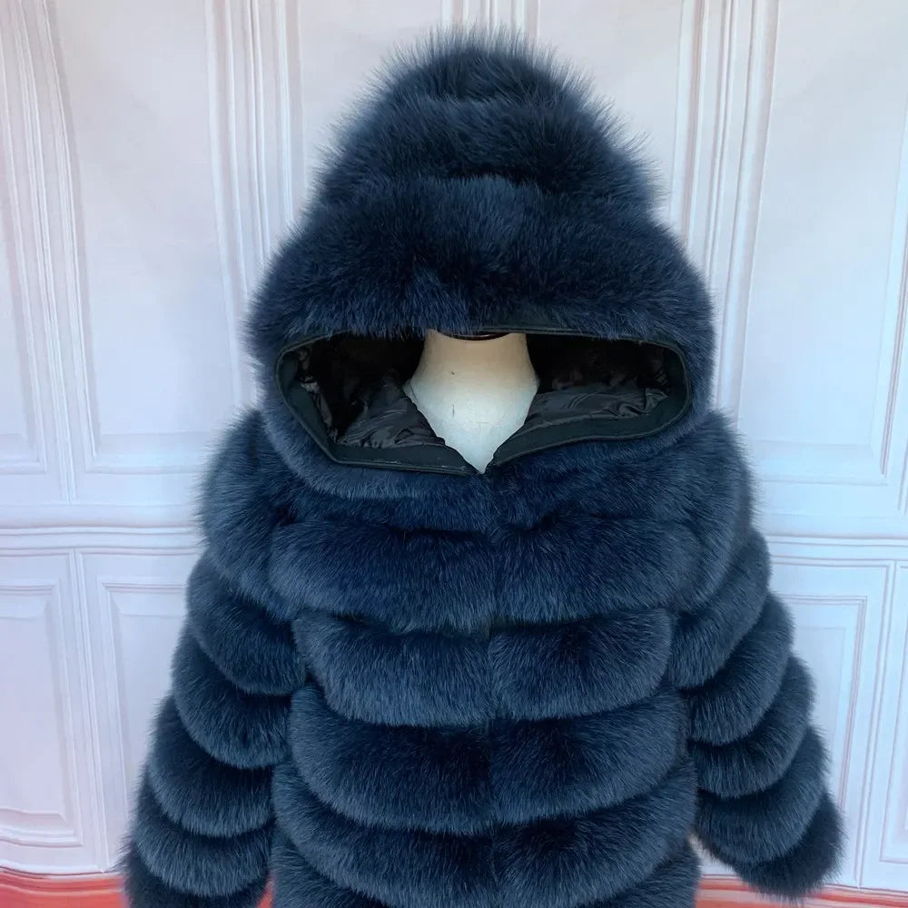 QUEENTINA Hood Fur Coat Women Real Fox Long New Luxury Female Natural Leather Jacket Warm Thick Long Winter Fur Vest Waistcoat - Matrix Studios