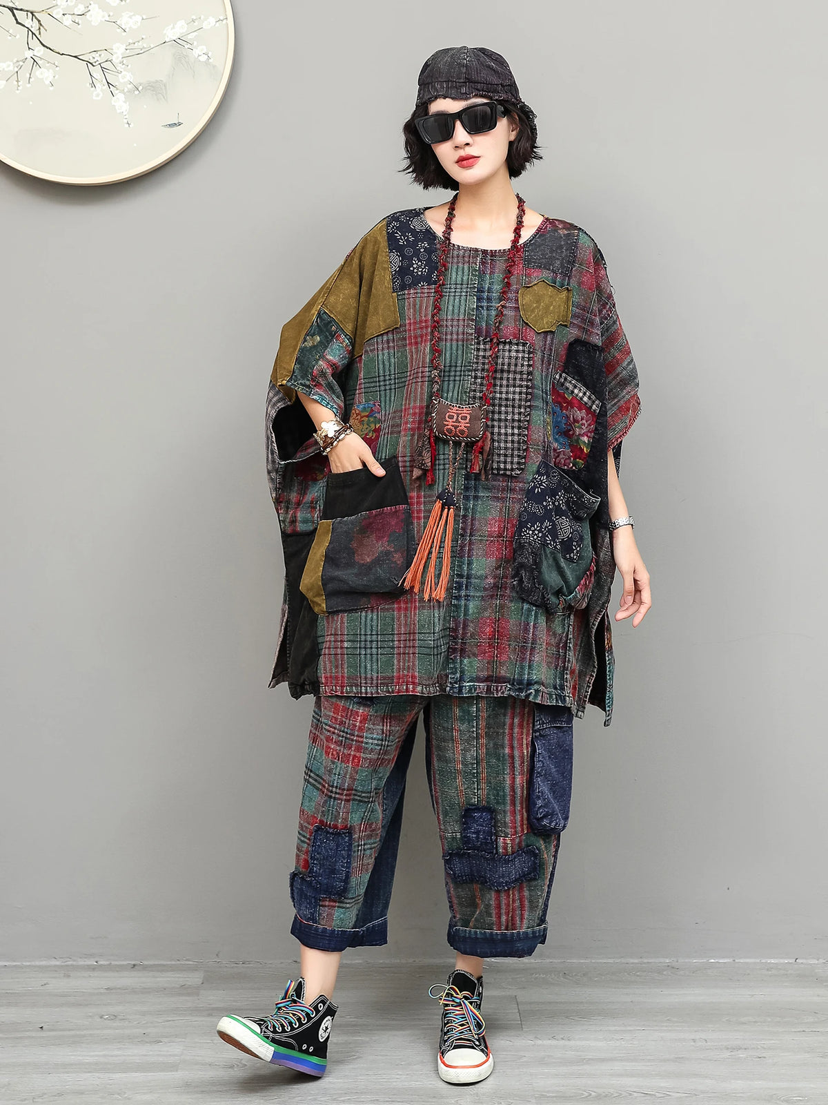 Unique Vintage Women Outfit Early Autumn Plaid Patchwork Loose Sleeveless Mid-length Robe + Cropped Pants Two-piece Set ZF2438 - Matrix-studios.com