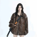 Retro Ladies Fashion Zipper Faux Leather Jacket Spring Autumn Women Long Sleeves Leather Coat 2025 Female PU Leather Outwear - Matrix Studios