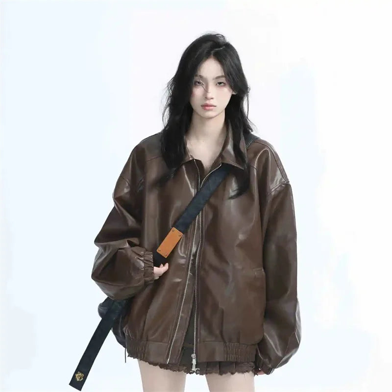 Retro Ladies Fashion Zipper Faux Leather Jacket Spring Autumn Women Long Sleeves Leather Coat 2025 Female PU Leather Outwear - Matrix Studios