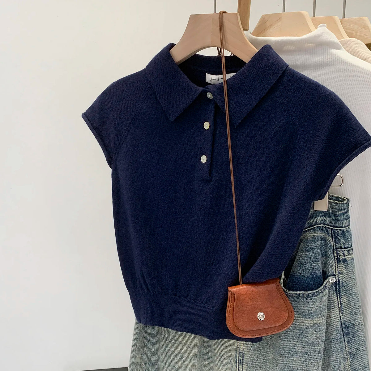 zjaiss Unique Chic Casual Tee 2026 New Summer Navy Polo Collar Women T-Shirt Fashion Solid Color Short Sleeve Knit Top - Matrix-studios.com