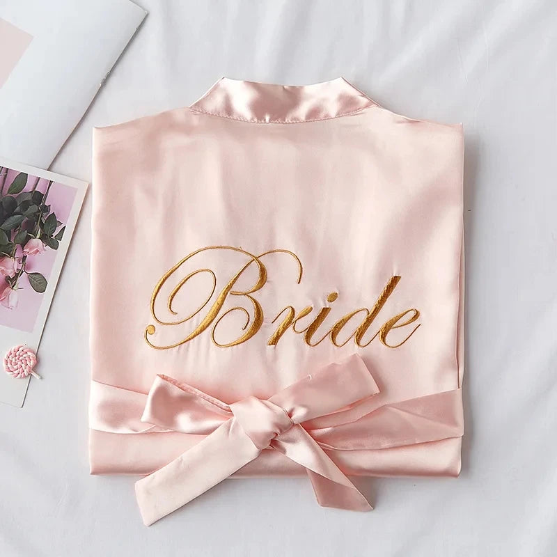 Bride Bridesmaid Wedding Robe Embroidery Kimono Bathrobe Gown Nightgown Casual Satin Short Women Sexy Nightwear Sleepwear - Matrix-studios.com