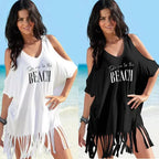 Summer Beach Bikini Cover Up Women White Off Shoulder Kafan Sarong Loose Tops Casual Fringed Shirt Swimwear Beachwear - Matrix Studios